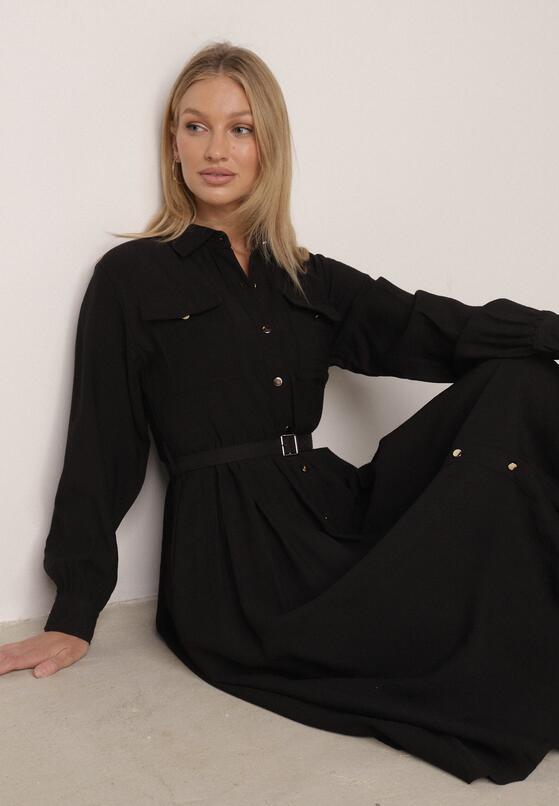 Czarna Wiskozowa Sukienka Koszulowa z Paskiem Andranassa 2