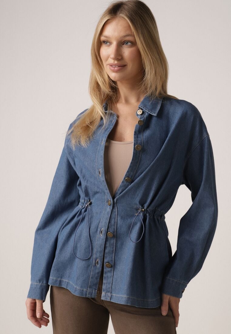 Niebieska Bawełniana Koszula ze Ściagaczami w Pasie Lennada 4