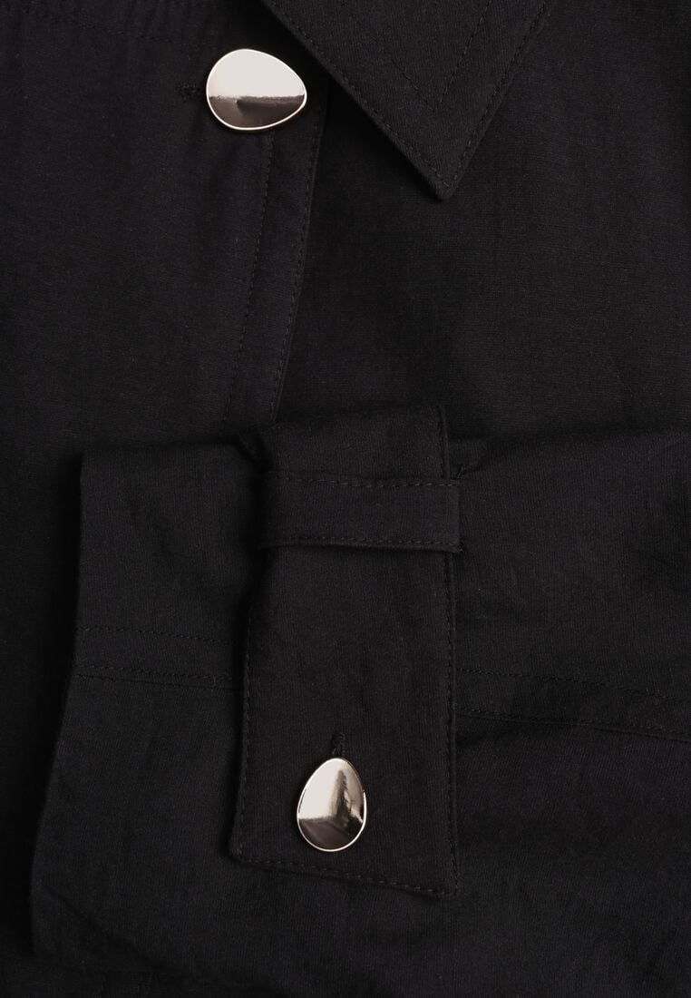 Czarna Bawełniano-Wiskozowa Kurtka Typu Krótki Trencz z Ozdobnym Guzikiem Dafena 8