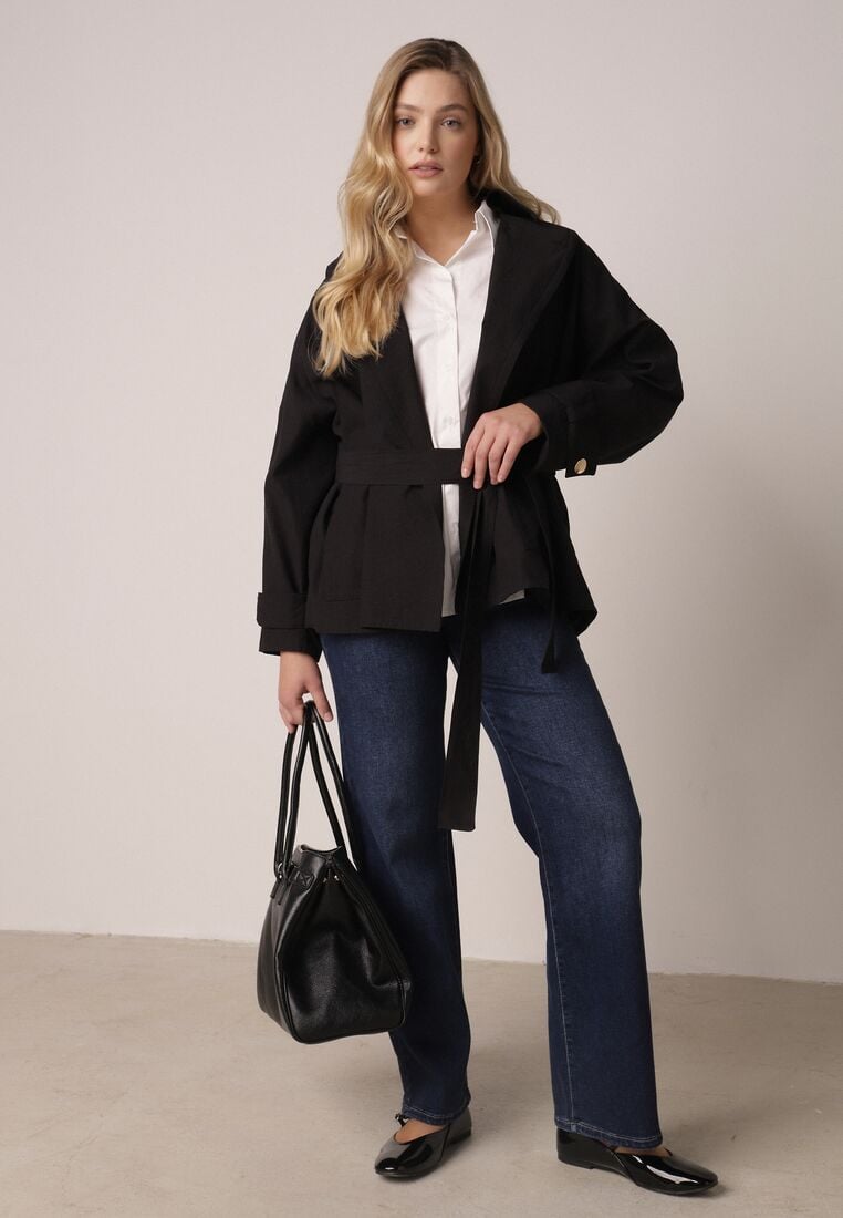 Czarna Bawełniano-Wiskozowa Kurtka Typu Krótki Trencz z Ozdobnym Guzikiem Dafena 2