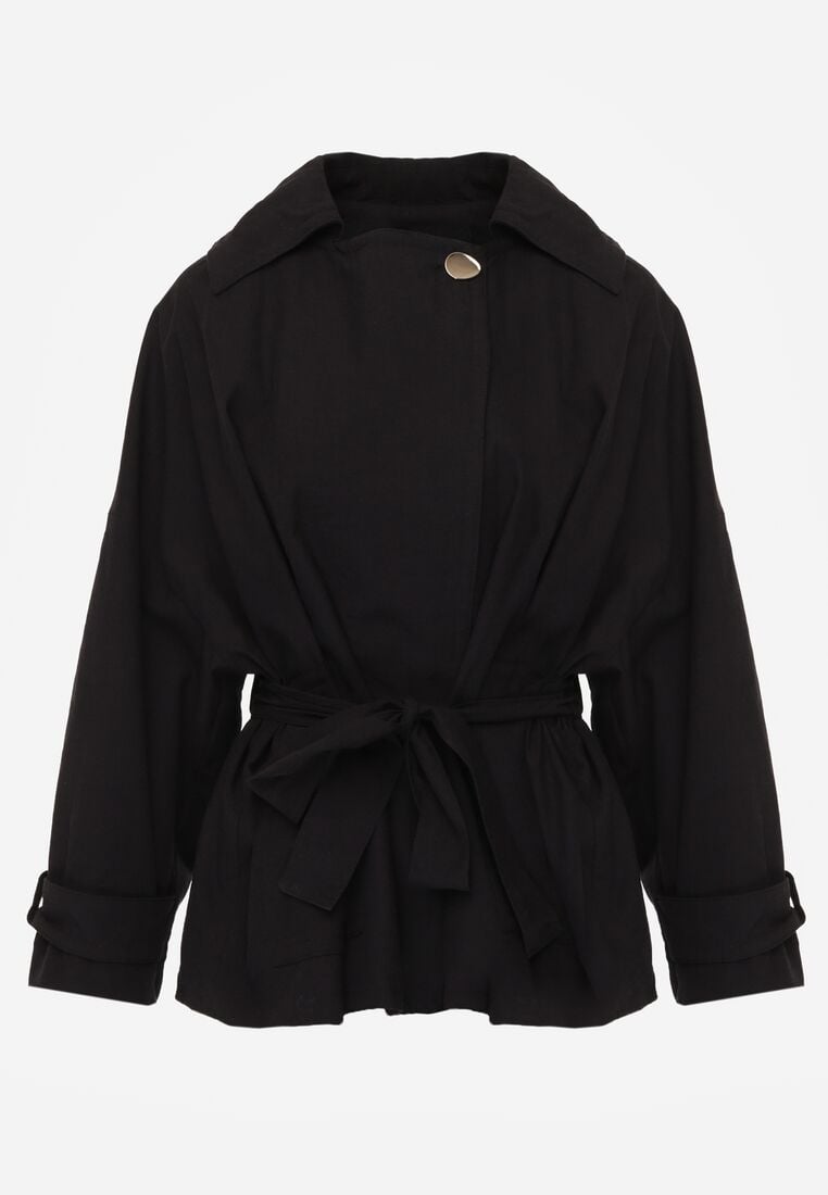 Czarna Bawełniano-Wiskozowa Kurtka Typu Krótki Trencz z Ozdobnym Guzikiem Dafena 6