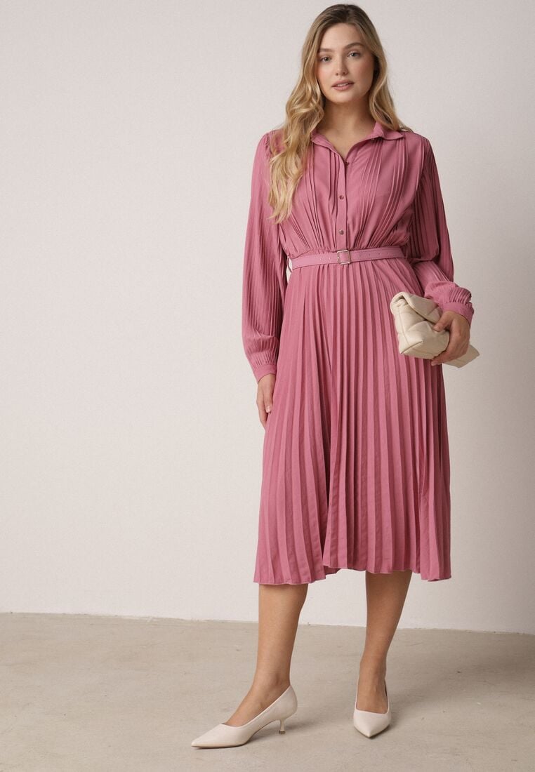 Fuksjowa Sukienka Plisowana o Koszulowym Kroju z Paskiem z Klamrą Efronta 4