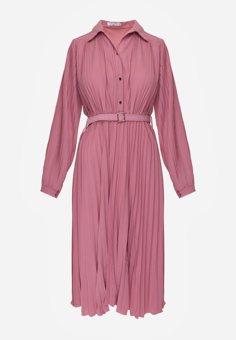 Fuksjowa Sukienka Plisowana o Koszulowym Kroju z Paskiem z Klamrą Efronta 6