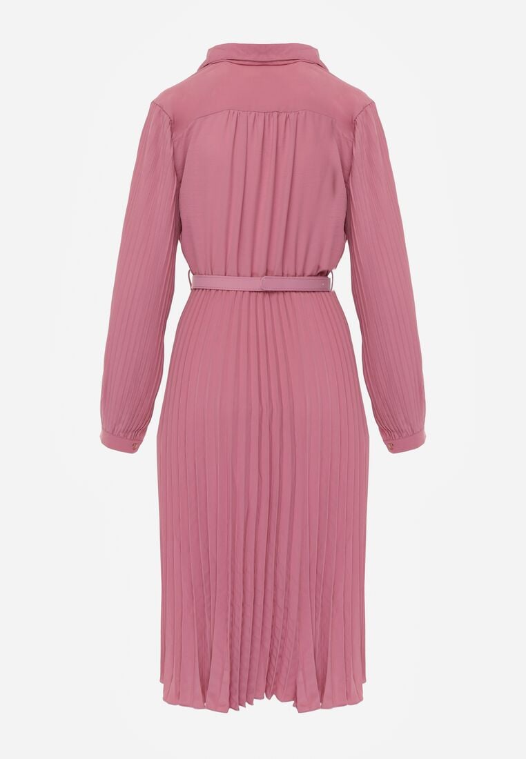 Fuksjowa Sukienka Plisowana o Koszulowym Kroju z Paskiem z Klamrą Efronta 7