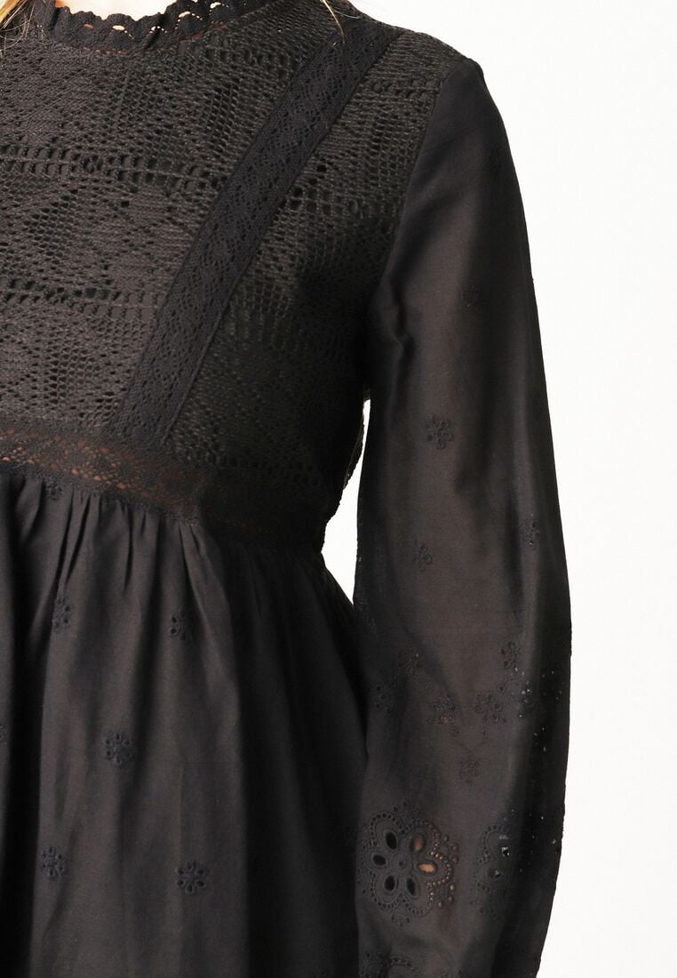 Czarna Sukienka w Rustykalnym Stylu z Haftowanej Tkaniny z Bawełną Delogana 5