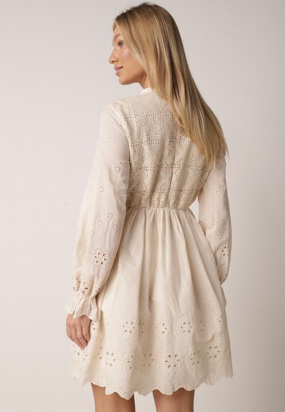 Beżowa Sukienka w Rustykalnym Stylu z Haftowanej Tkaniny z Bawełną Delogana 3