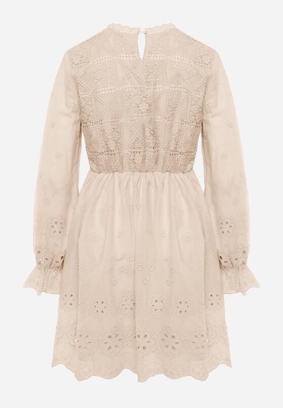 Beżowa Sukienka w Rustykalnym Stylu z Haftowanej Tkaniny z Bawełną Delogana 7