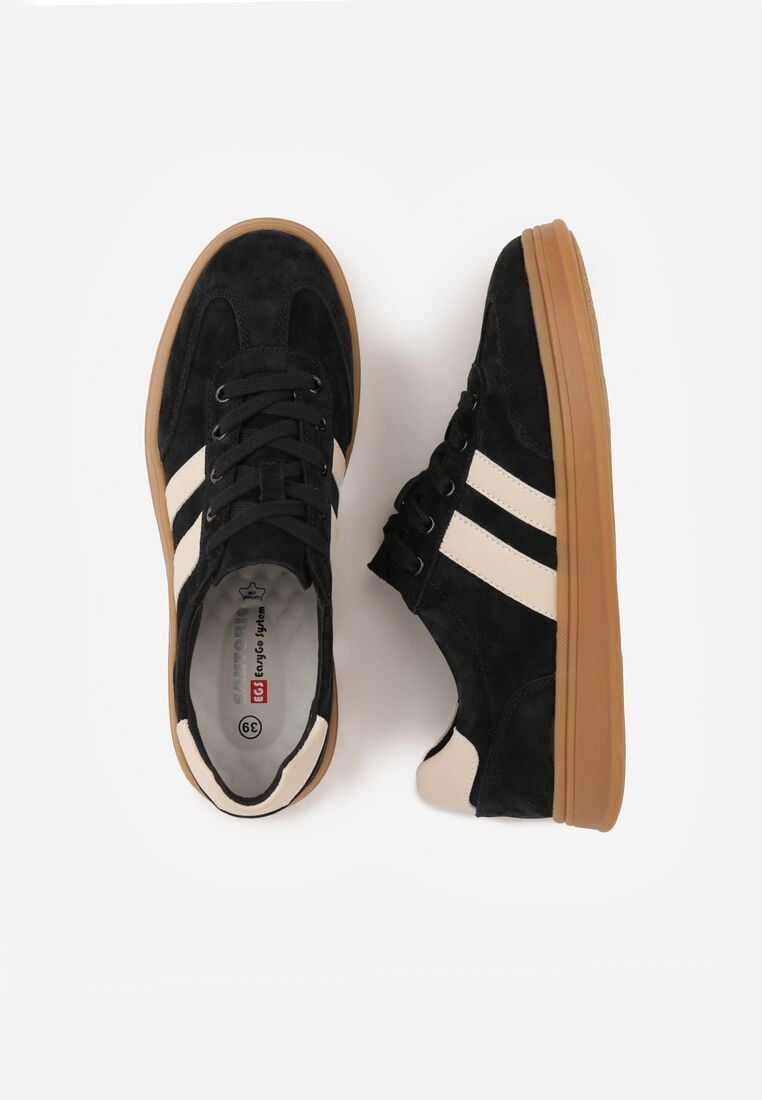 Czarne Skórzane Sneakersy i Ozdobnymi Paskami Zelisei 6