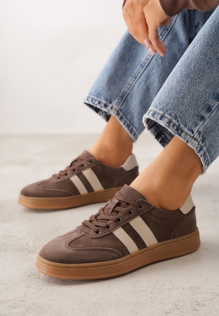 Ciemnobrązowe Skórzane Sneakersy i Ozdobnymi Paskami Zelisei 2