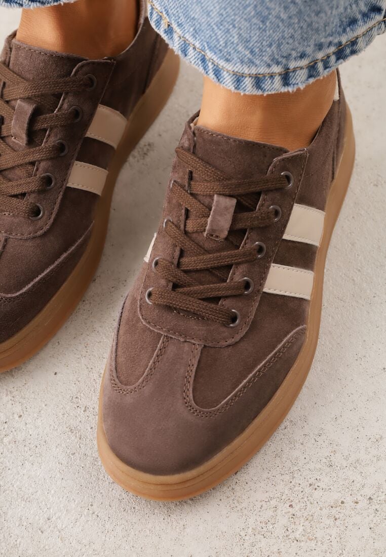 Ciemnobrązowe Skórzane Sneakersy i Ozdobnymi Paskami Zelisei 3