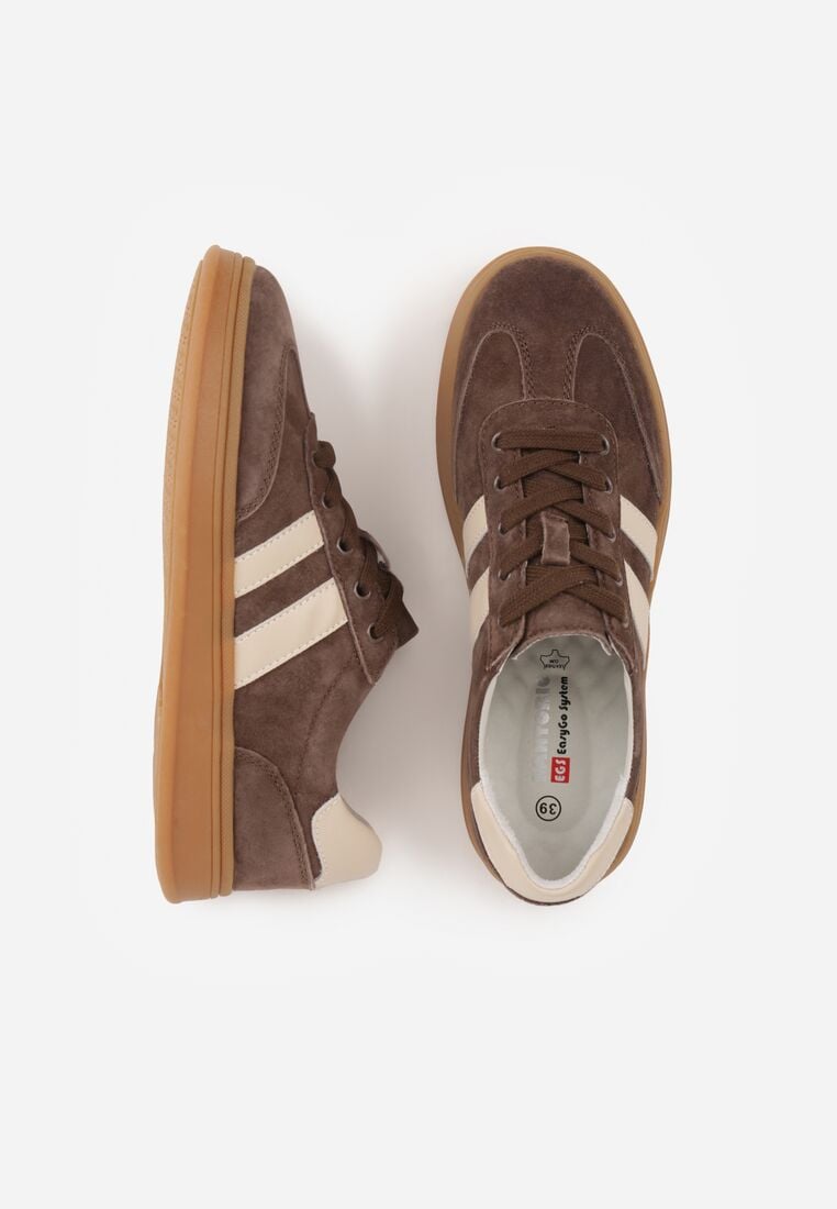 Ciemnobrązowe Skórzane Sneakersy i Ozdobnymi Paskami Zelisei 6