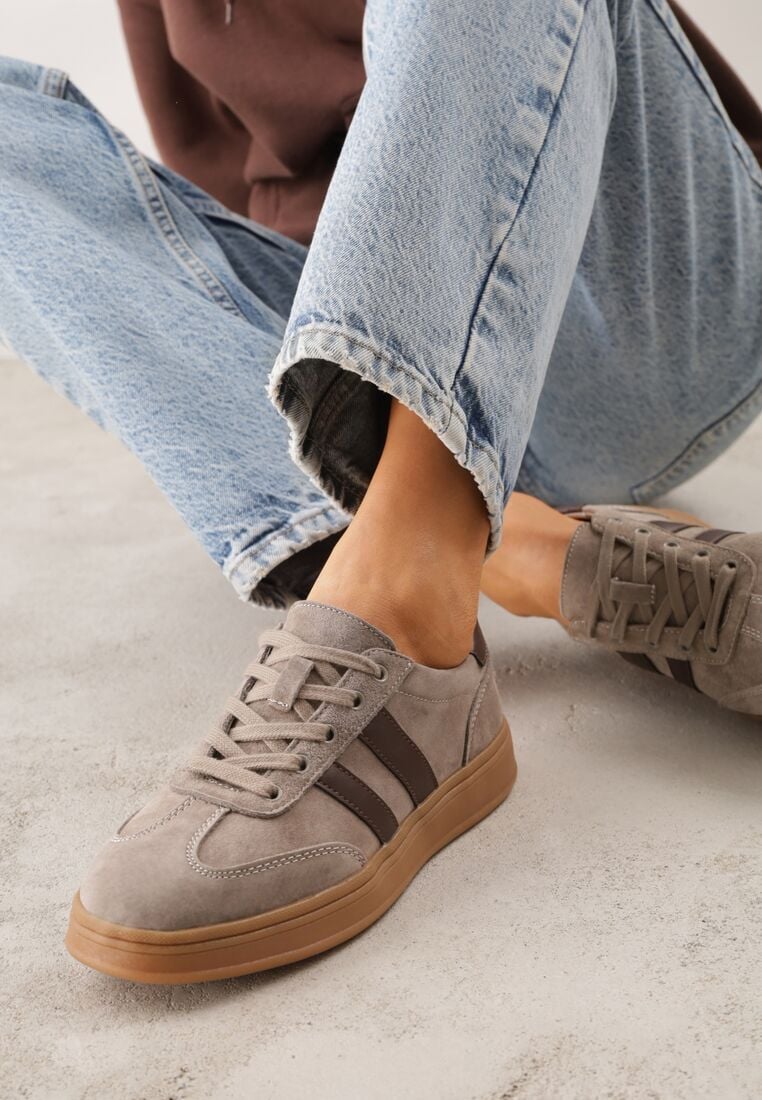 Beżowe Skórzane Sneakersy i Ozdobnymi Paskami Zelisei 2