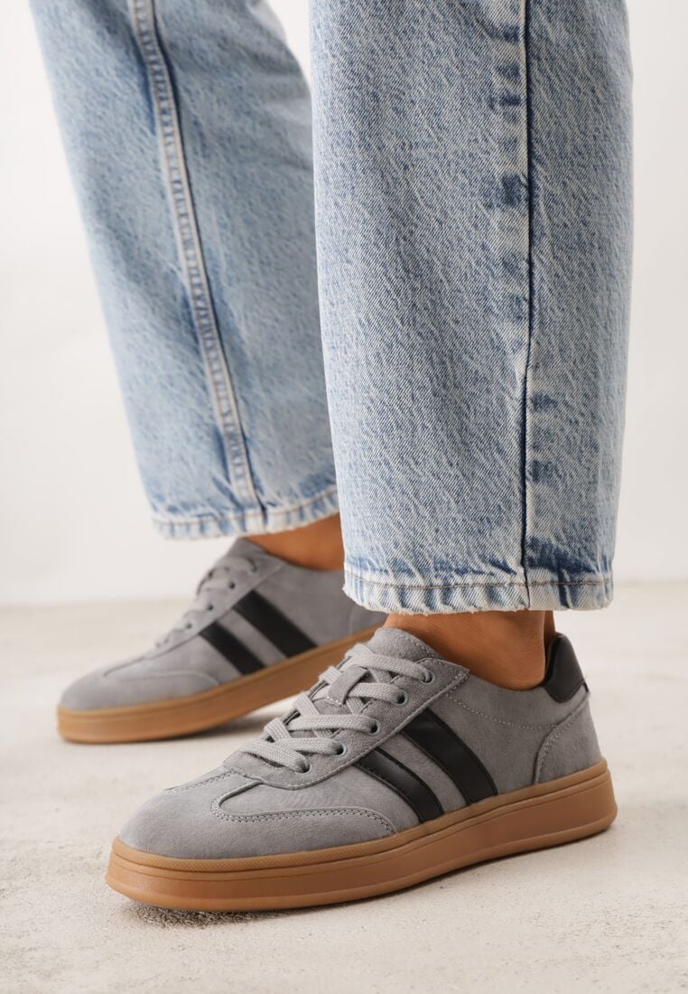Szare Skórzane Sneakersy i Ozdobnymi Paskami Zelisei 2