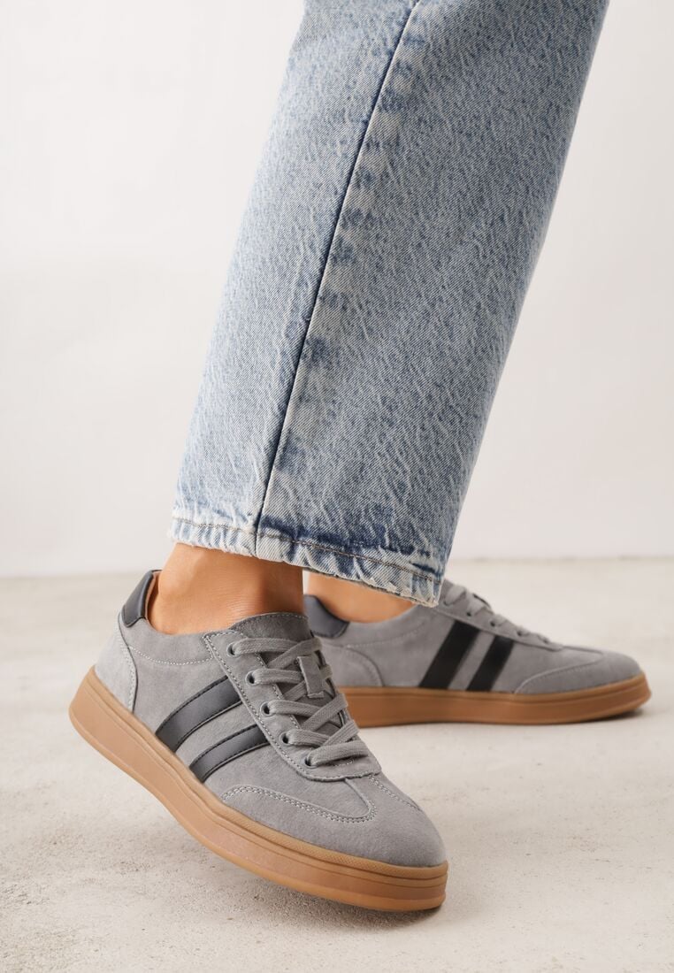 Szare Skórzane Sneakersy i Ozdobnymi Paskami Zelisei 1