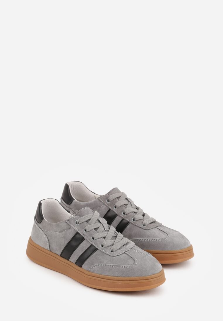 Szare Skórzane Sneakersy i Ozdobnymi Paskami Zelisei 5