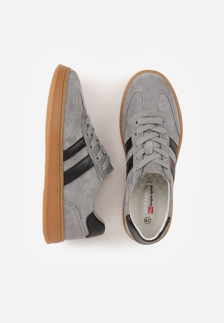 Szare Skórzane Sneakersy i Ozdobnymi Paskami Zelisei 6