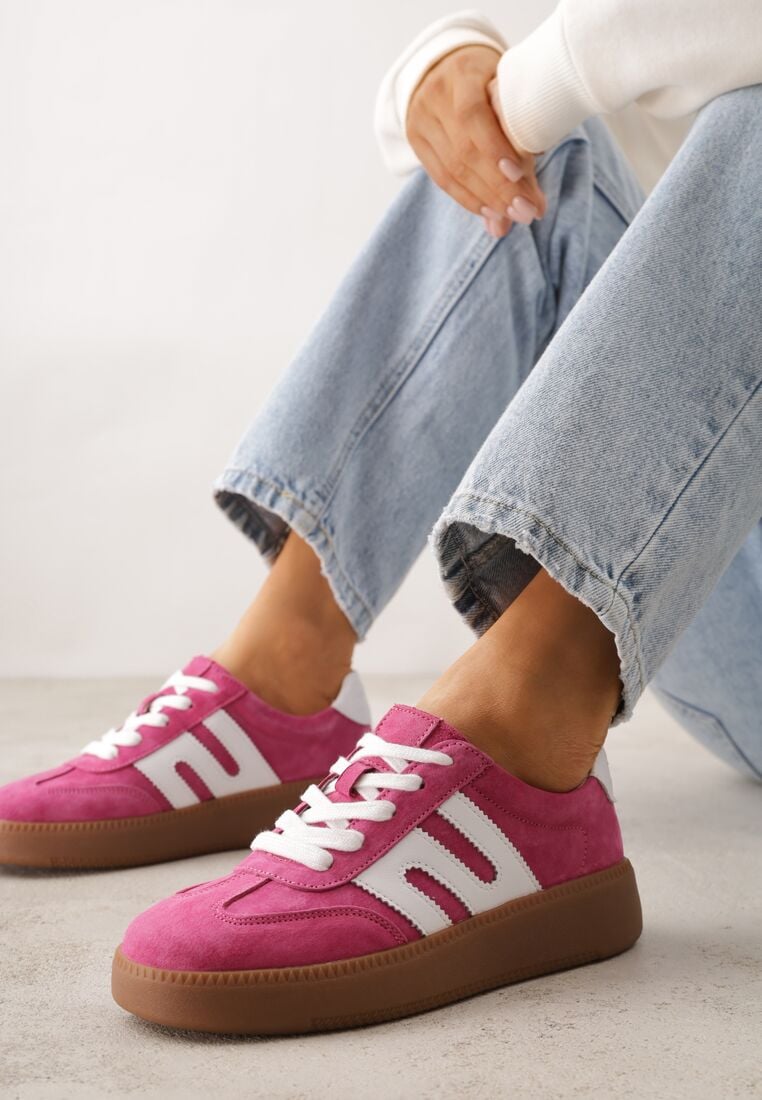 Fuksjowe Skórzane Sneakersy na Kauczukowej Podeszwie z Geometrycznym Motywem Shytyse 2