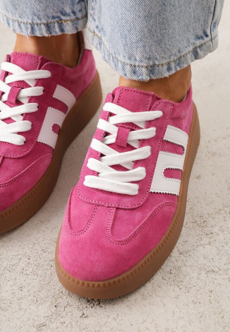 Fuksjowe Skórzane Sneakersy na Kauczukowej Podeszwie z Geometrycznym Motywem Shytyse 3