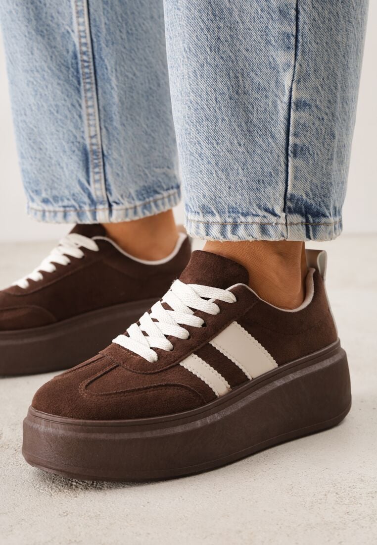 Brązowe Sneakersy Kultowe Tenisówki na Platformie z Koturnem Elisara 3