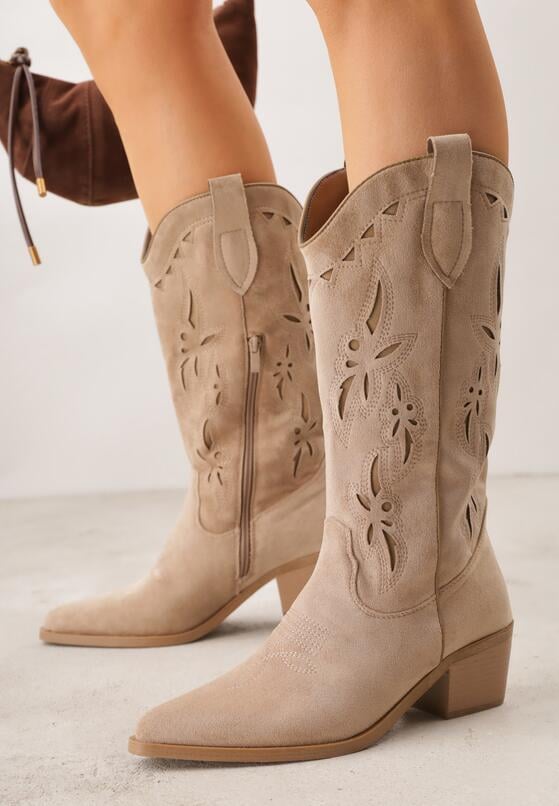 Ciemnobeżowe Botki Kowbojki na Stożku z Imitacji Zamszu z Ażurowymi Wstawkami  Crela 2