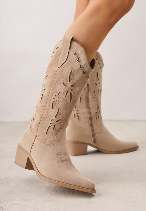 Ciemnobeżowe Botki Kowbojki na Stożku z Imitacji Zamszu z Ażurowymi Wstawkami  Crela 1
