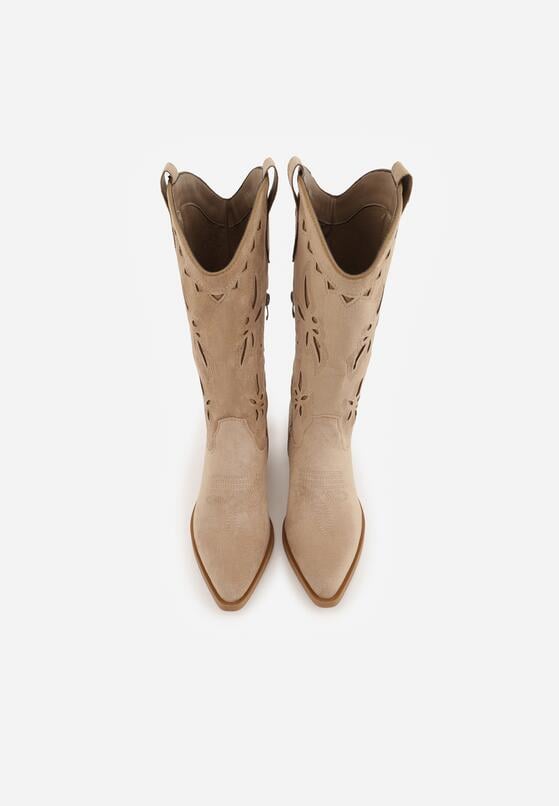 Ciemnobeżowe Botki Kowbojki na Stożku z Imitacji Zamszu z Ażurowymi Wstawkami  Crela 6