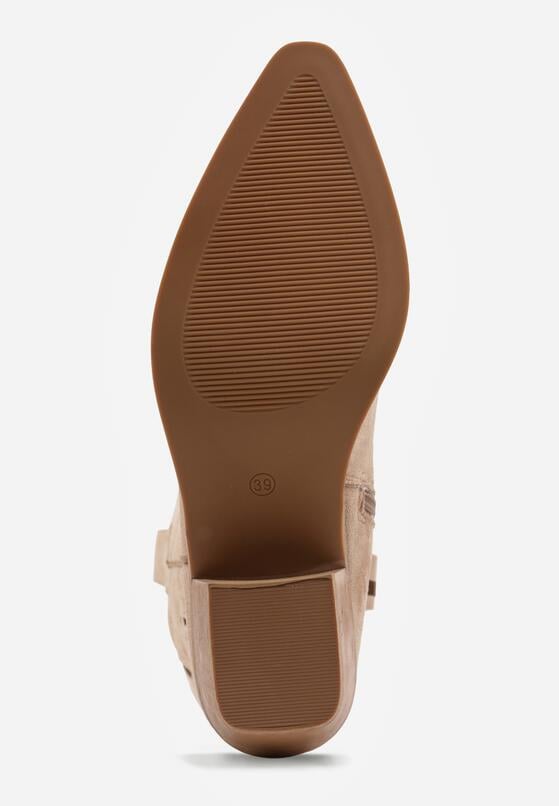 Ciemnobeżowe Botki Kowbojki na Stożku z Imitacji Zamszu z Ażurowymi Wstawkami  Crela 7