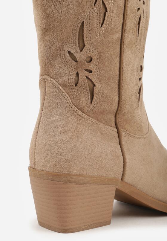 Ciemnobeżowe Botki Kowbojki na Stożku z Imitacji Zamszu z Ażurowymi Wstawkami  Crela 8
