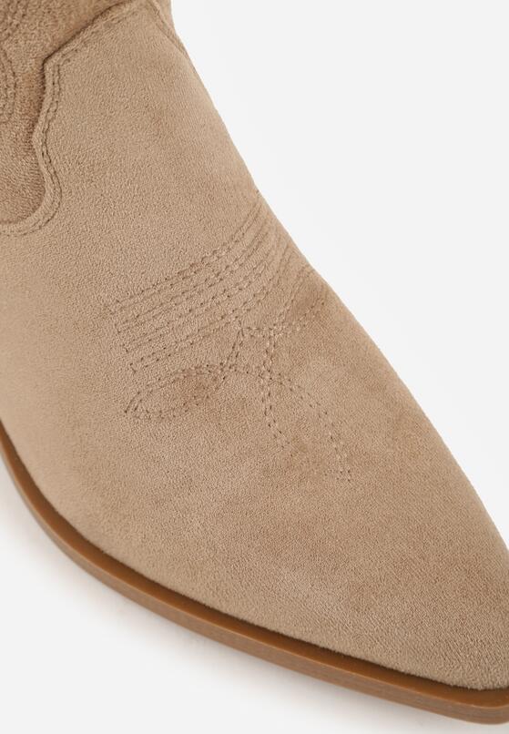 Ciemnobeżowe Botki Kowbojki na Stożku z Imitacji Zamszu z Ażurowymi Wstawkami  Crela 9