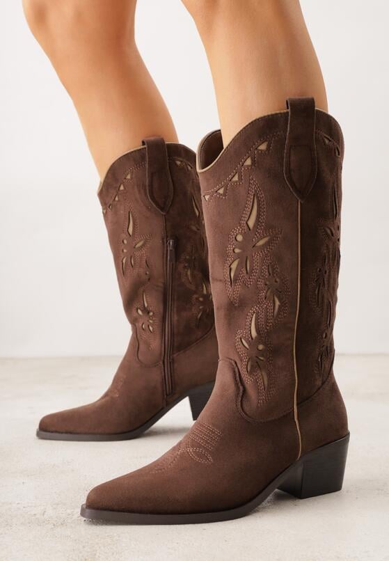 Brązowe Botki Kowbojki na Stożku z Imitacji Zamszu z Ażurowymi Wstawkami  Crela 2