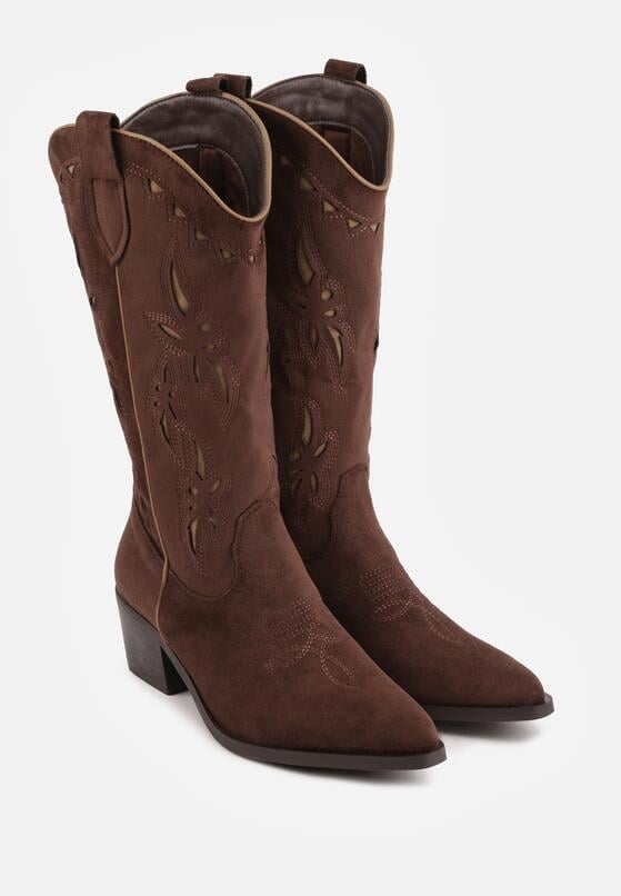 Brązowe Botki Kowbojki na Stożku z Imitacji Zamszu z Ażurowymi Wstawkami  Crela 5