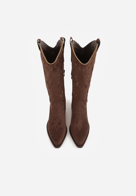 Brązowe Botki Kowbojki na Stożku z Imitacji Zamszu z Ażurowymi Wstawkami  Crela 6