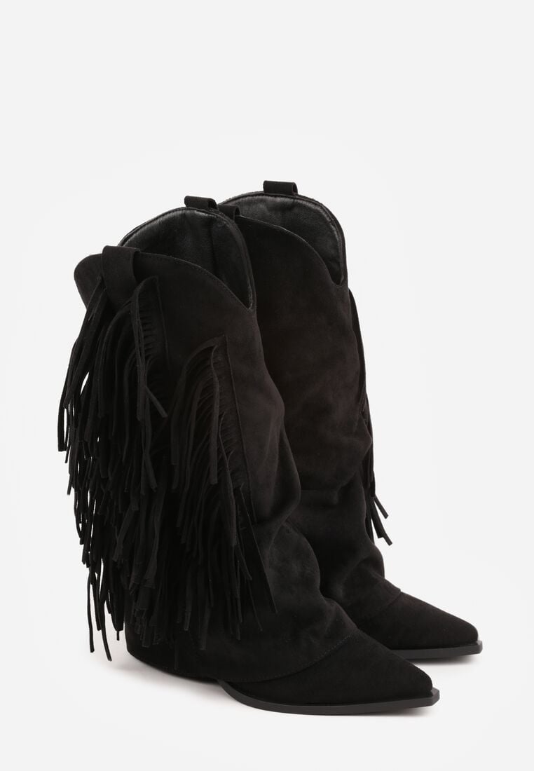 Czarne Botki Typu Kowbojki na Obcasie z Wywiniętą Cholewką i Frędzlami Uemiris 5
