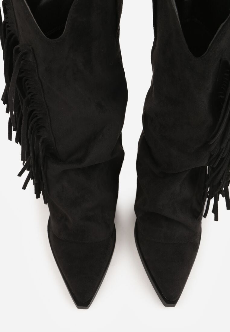 Czarne Botki Typu Kowbojki na Obcasie z Wywiniętą Cholewką i Frędzlami Uemiris 6