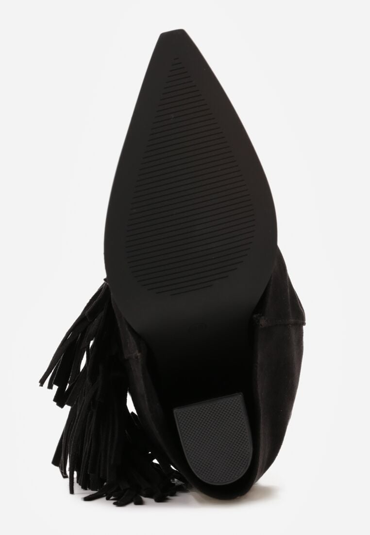 Czarne Botki Typu Kowbojki na Obcasie z Wywiniętą Cholewką i Frędzlami Uemiris 7