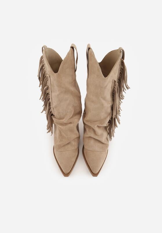 Ciemnobeżowe Botki Typu Kowbojki na Obcasie z Wywiniętą Cholewką i Frędzlami Uemiris 6