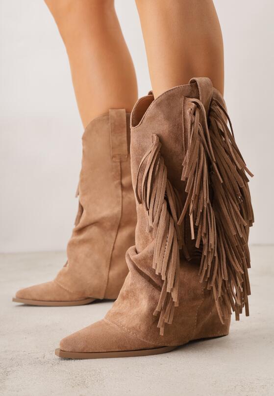 Brązowe Botki Typu Kowbojki na Obcasie z Wywiniętą Cholewką i Frędzlami Uemiris 1