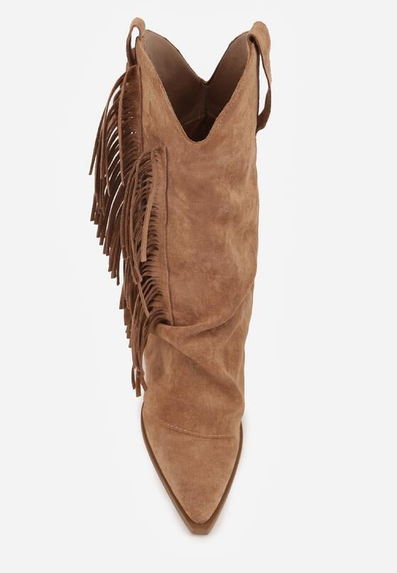 Brązowe Botki Typu Kowbojki na Obcasie z Wywiniętą Cholewką i Frędzlami Uemiris 6