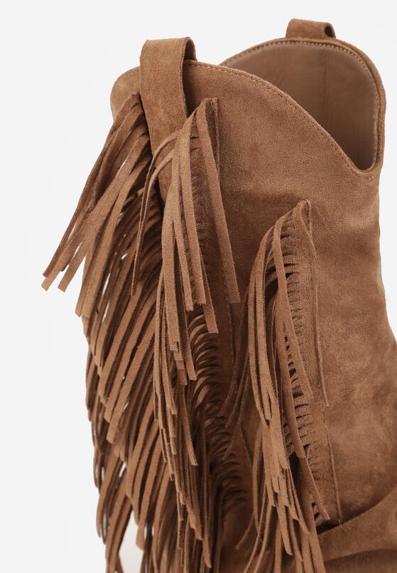 Brązowe Botki Typu Kowbojki na Obcasie z Wywiniętą Cholewką i Frędzlami Uemiris 8