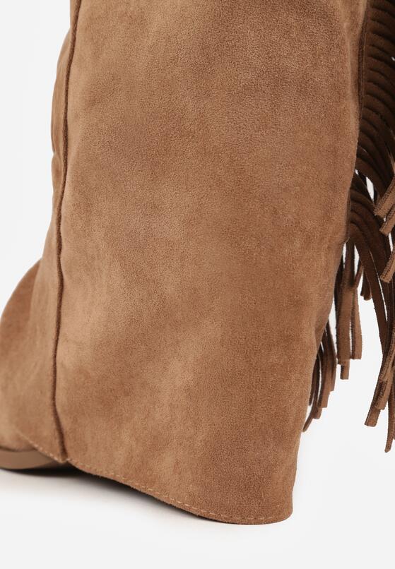 Brązowe Botki Typu Kowbojki na Obcasie z Wywiniętą Cholewką i Frędzlami Uemiris 9