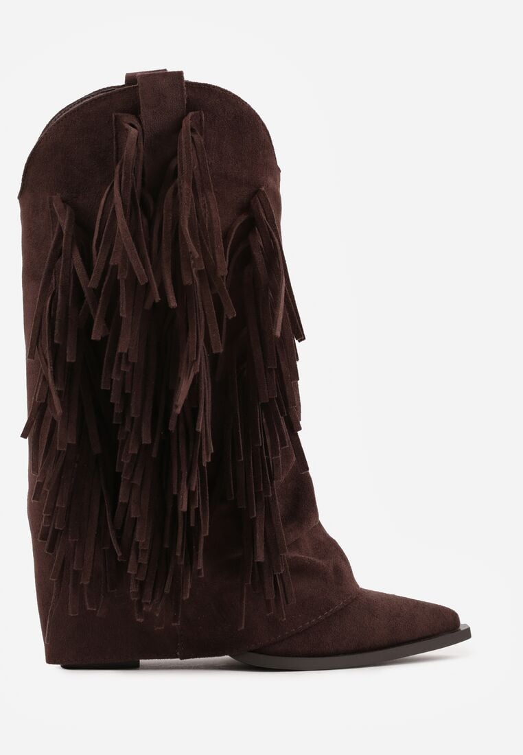 Brązowe Botki Typu Kowbojki na Obcasie z Wywiniętą Cholewką i Frędzlami Uemiris 4