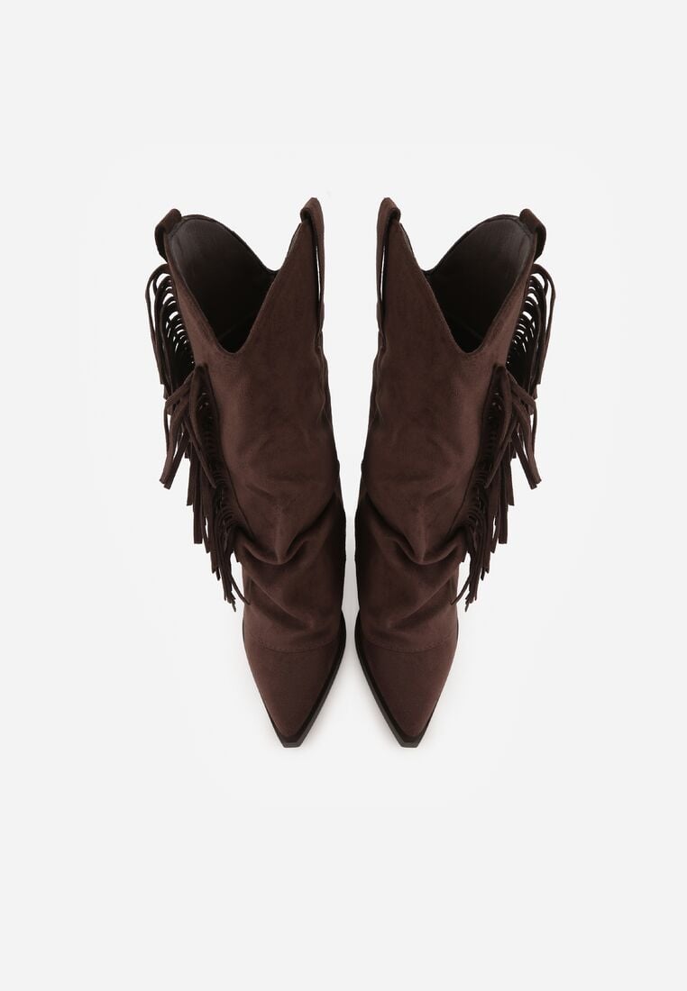 Brązowe Botki Typu Kowbojki na Obcasie z Wywiniętą Cholewką i Frędzlami Uemiris 6