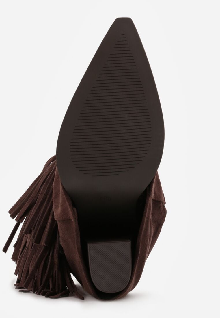 Brązowe Botki Typu Kowbojki na Obcasie z Wywiniętą Cholewką i Frędzlami Uemiris 7