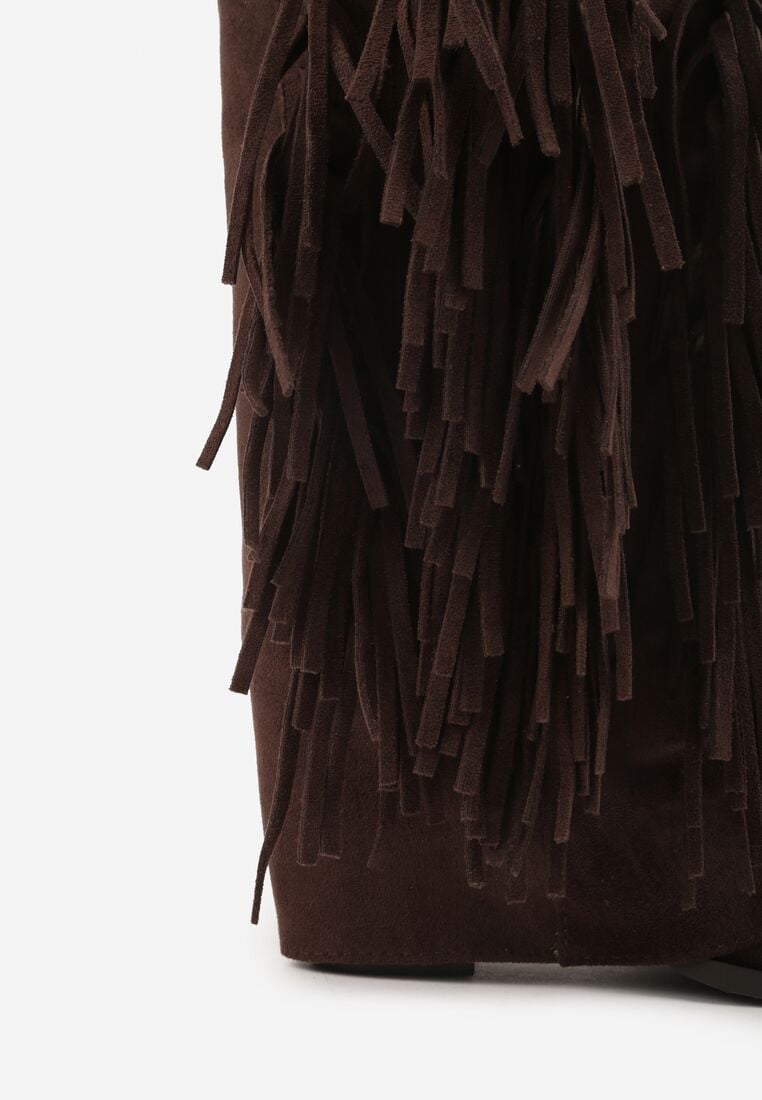 Brązowe Botki Typu Kowbojki na Obcasie z Wywiniętą Cholewką i Frędzlami Uemiris 9