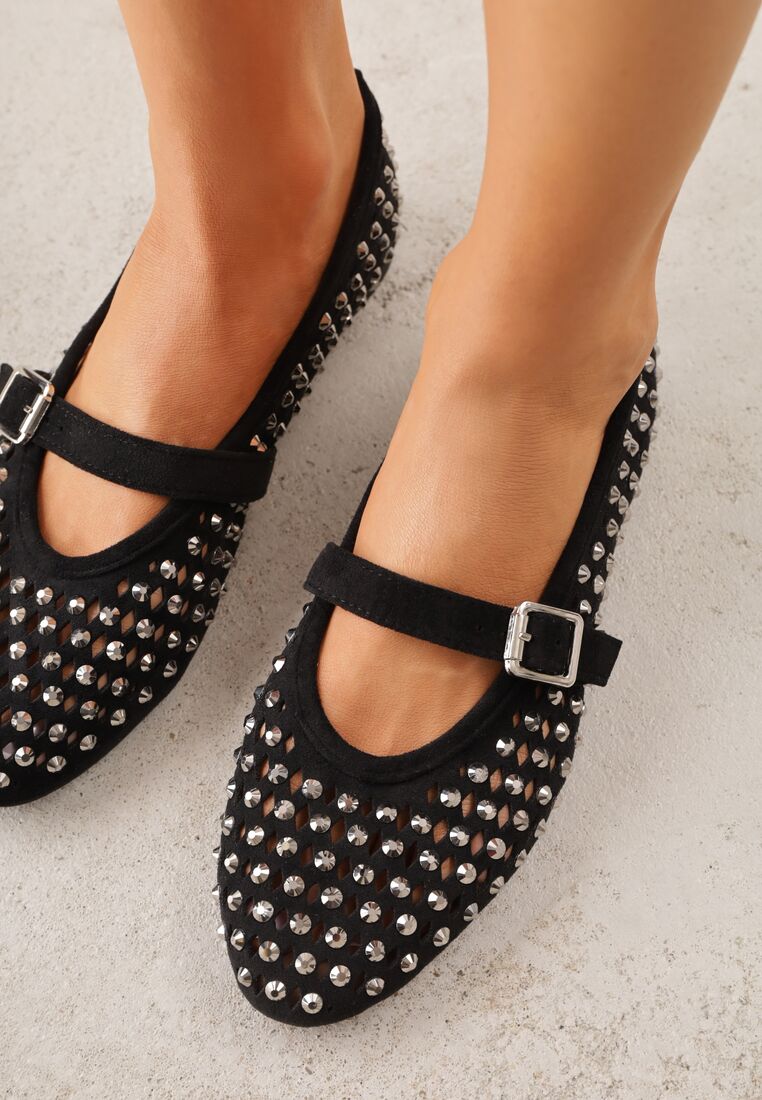 Czarne Ażurowe Balerinki z Paskiem z Klamerką i Cyrkoniami Feanoene 3