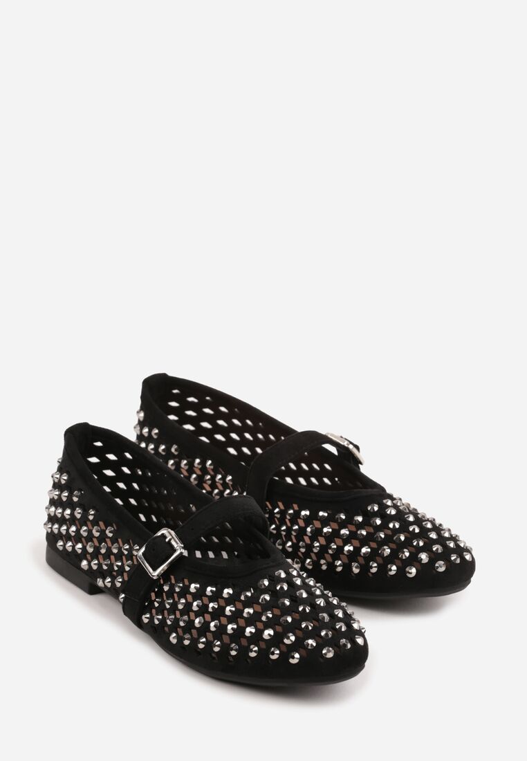 Czarne Ażurowe Balerinki z Paskiem z Klamerką i Cyrkoniami Feanoene 5