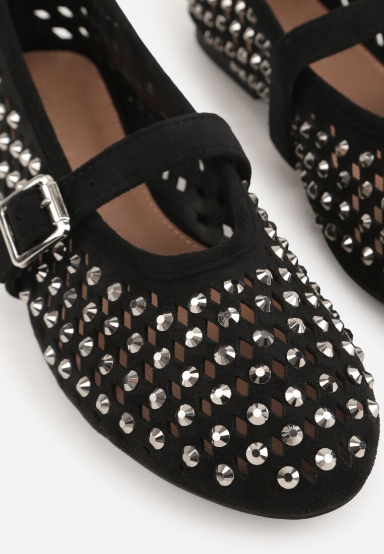 Czarne Ażurowe Balerinki z Paskiem z Klamerką i Cyrkoniami Feanoene 8