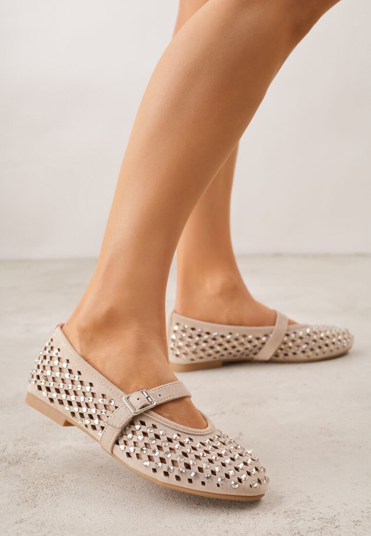 Ciemnobeżowe Ażurowe Balerinki z Paskiem z Klamerką i Cyrkoniami Feanoene 1