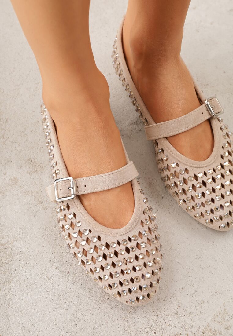Ciemnobeżowe Ażurowe Balerinki z Paskiem z Klamerką i Cyrkoniami Feanoene 3