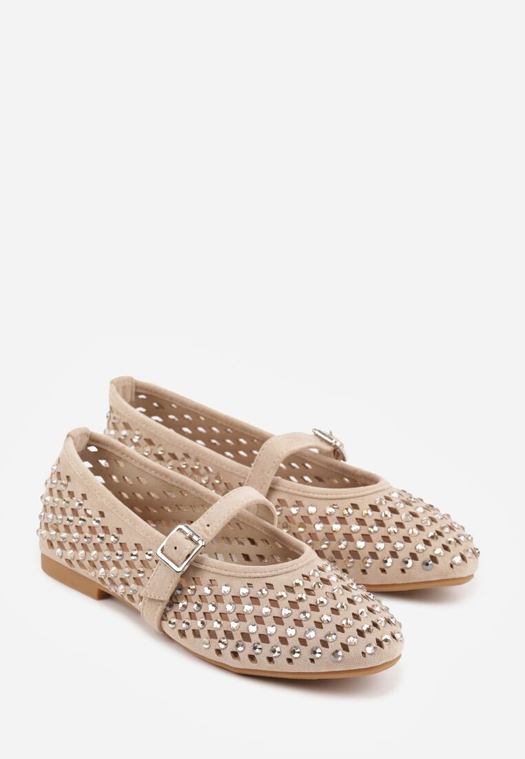 Ciemnobeżowe Ażurowe Balerinki z Paskiem z Klamerką i Cyrkoniami Feanoene 5